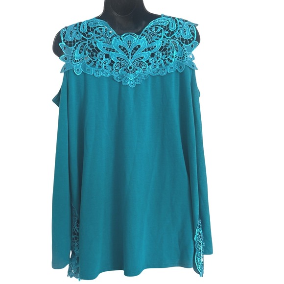Jou Jou Womens Top 1X Turquoise Cold Shoulder Lace Trim Long Sleeve Blouse QVC - Picture 4 of 7